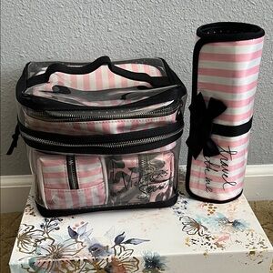 Victoria's Secret Pink and White Striped Travel Cosmetic Bag & Brush Set